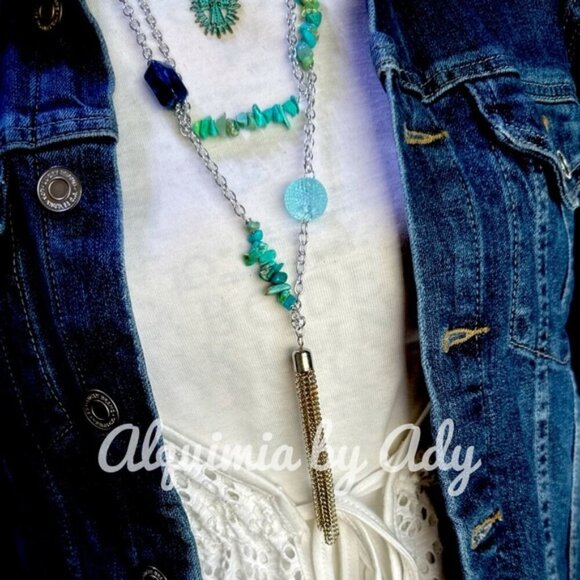 Layered tassel long turquoise statement charms necklace - Picture 1 of 3
